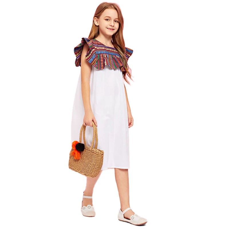SHEIN Kiddie/белое платье с вырезом-замочкой на спине и контрастными пуговицами для девочек-подростков; вечерние платья для девочек; коллекция года; сезон лето; платье-трапеция без рукавов для девочек
