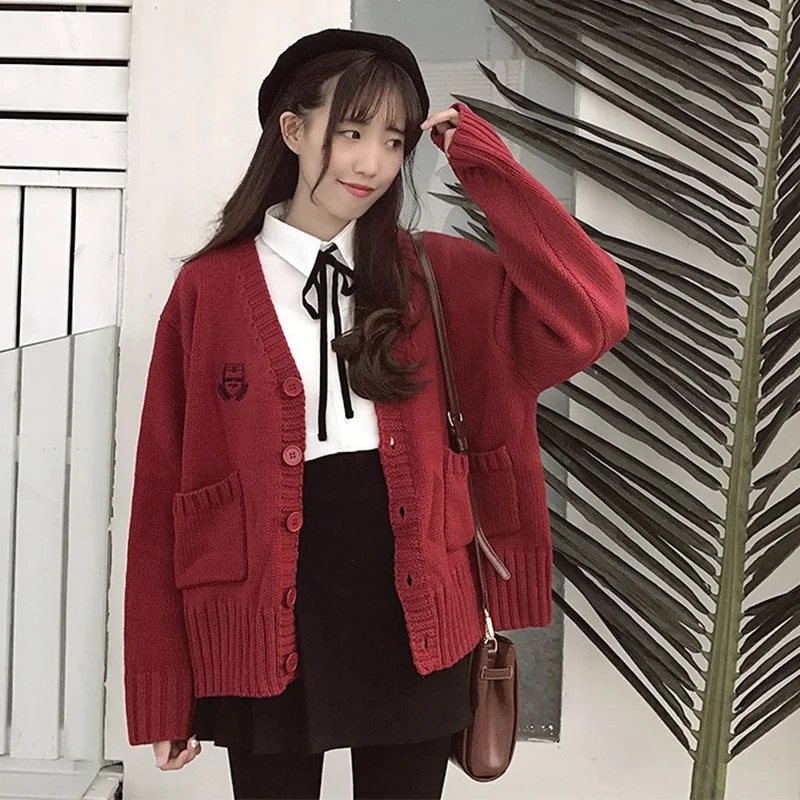 2020 New Autumn Women College wind knit cardigan coat Female Long sleeve Leisure loose V-neck Embroidered short jacket cc460 |