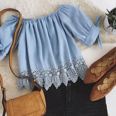 

2020 New arrival Fashion Women's Ladies Lace Off Shoulder Shirt Casual Crop Tops T-Shirt
