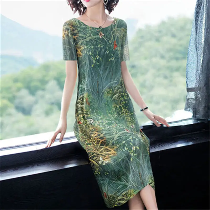 green short sleeve Женское платье из искусственного шелка, женское платье на весну и лето, Новое Элегантное Свободное платье с коротким рукавом, большой размер, платье с принтом для женщин X608 - Цвет: green short sleeve