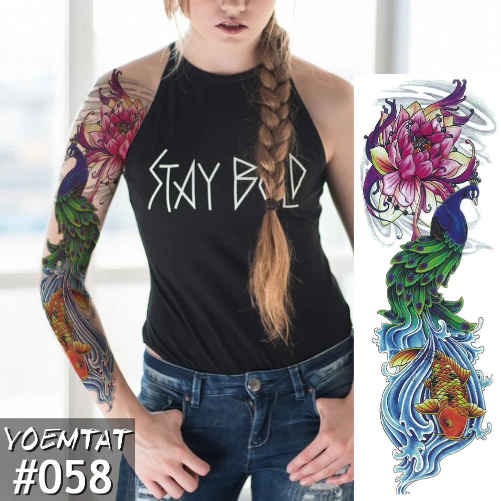 Фото Новая Временная тату-наклейка красивый Павлин Полный цветок татуировка с рукой
