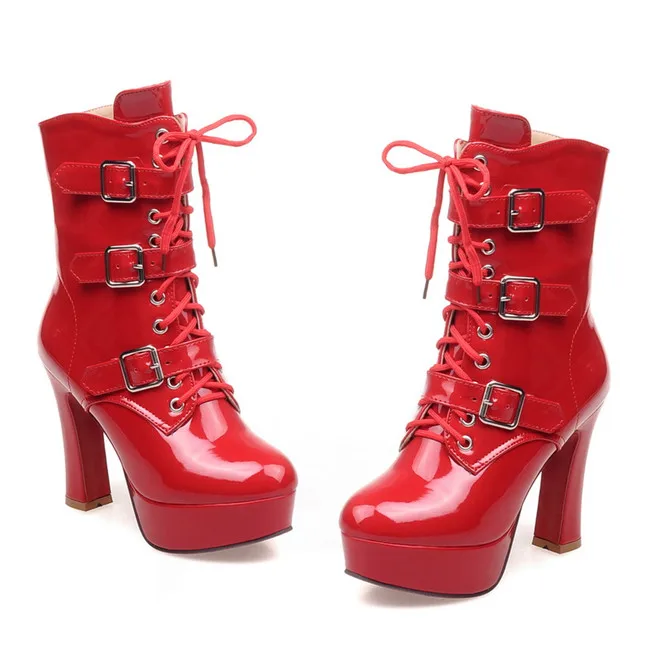 YMECHIC Pu Patent Leather Buckle Strap Lace Up High Heel Motorcycle Boots Women Winter Platform Ladies Goth Shoes Plus Size