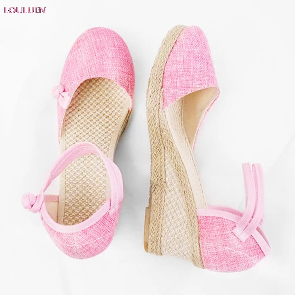 Женские парусиновые сандалии в стиле ретро повседневные туфли на танкетке с