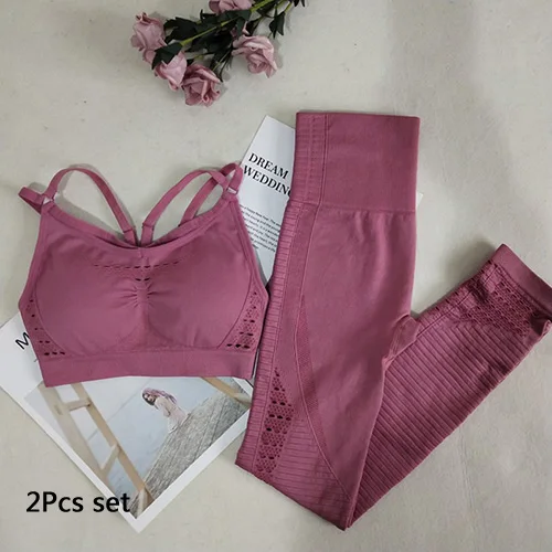 Pink 2Pcs Set Женский комплект для йоги, спортивный костюм, одежда для фитнеса, энергетические бесшовные леггинсы с высокой талией+ спортивный бюстгальтер, спортивные костюмы для тренировок, женская спортивная одежда - Цвет: Pink 2Pcs Set