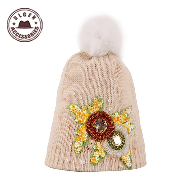 Ювелирные шапки бини с дизайном ULGEN бежевая вязаная шапка цветами зимние