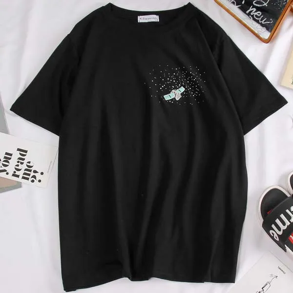 Xian 414 hei Летняя повседневная женская футболка с мультяшным принтом harajuku ulzzang, базовые футболки с коротким рукавом и круглым вырезом, женская одежда, черные и белые топы - Цвет: Xian 414 hei