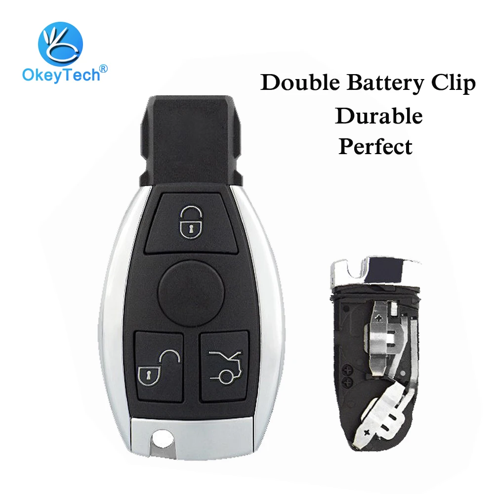 OkeyTech Keyless Car Smart Key Card Shell with Insert Uncut Blade 3 3+1 Button Fob Case Cover for Mercedes Benz 2 Battery Holder