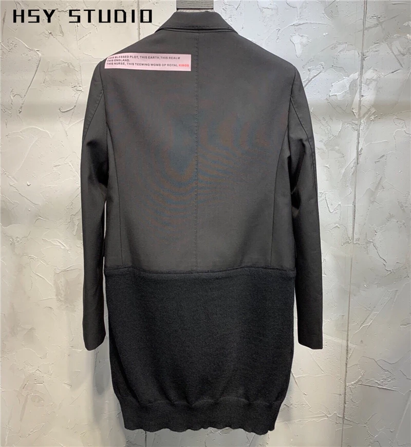 【HSY studo】2019 осенний Новый тренд вязаный длинный черный Женский блейзер рукав