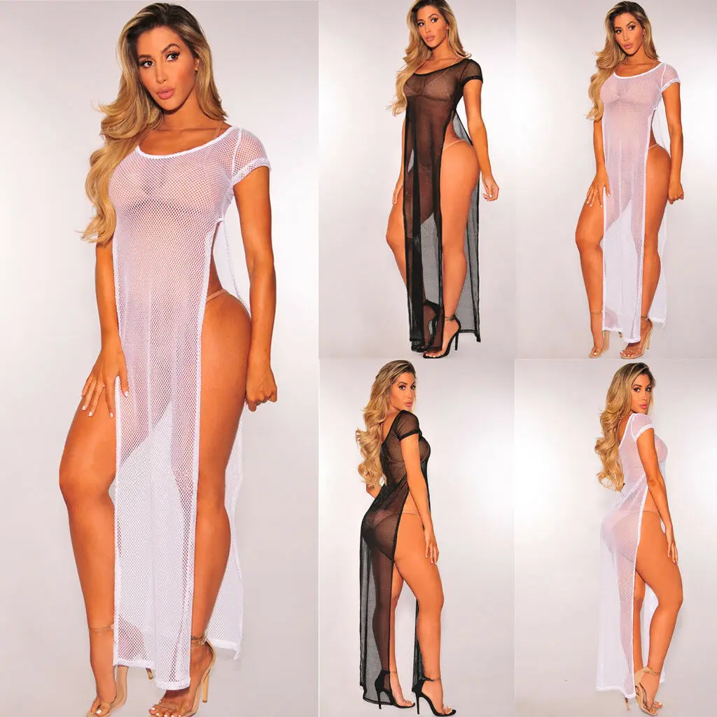 

Women Sexy Beach Cover-up 2019 Hot Summer Transparent Swimsuit Covers up Bathing Suit Beach Wear Swimwear Mesh Beach Dress Tunic