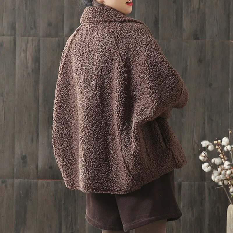 Loose Korean Lamb Fur Thick Warm Vintage Casual Winter Coat Women Tops Short Jacket Female Outerwaear Retro Woman Clothes QH416 | Женская