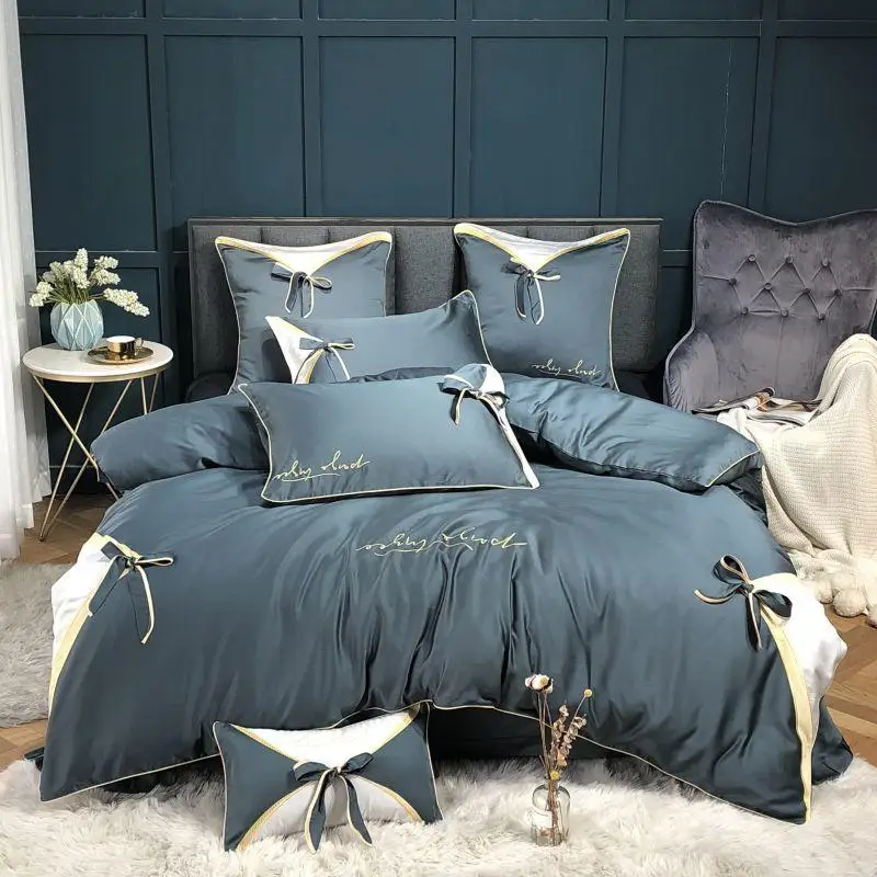 

Hot Sale new 80s Tencel Luxury bedding sets Duvet Cover flat Sheet Queen King Jacquard embroidered Bed Linens rosette Bow