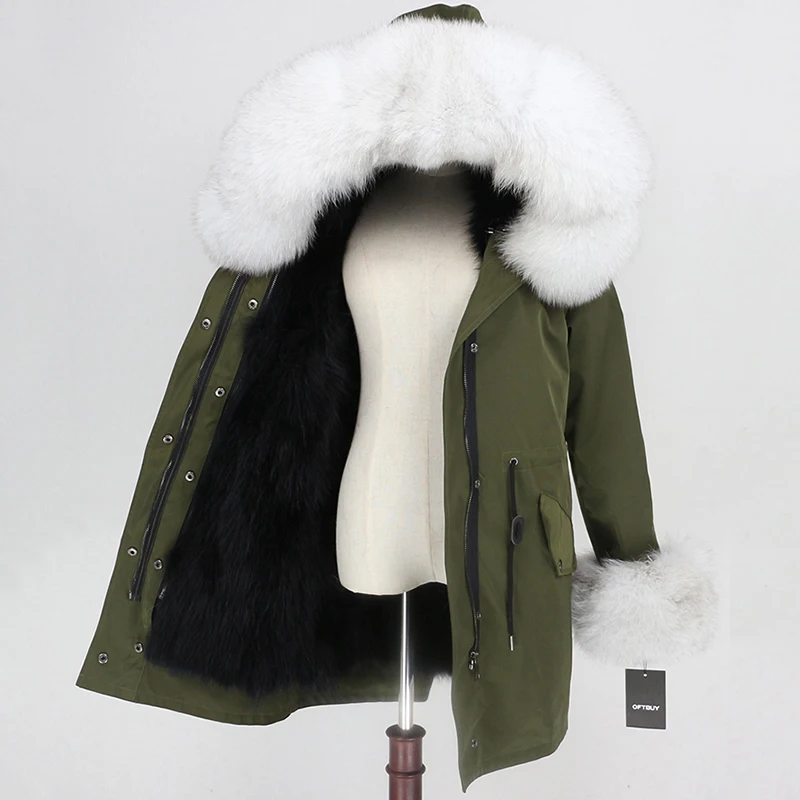 OFTBUY, водонепроницаемая парка, женская, натуральный Лисий мех, капюшон, манжеты, пальто, зимняя куртка, верхняя одежда, съемная, толстая, теплая верхняя одежда, уличная одежда - Цвет: green black white