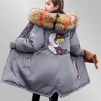 plus size fashion loose women down cotton jacket parkas embroidery long hooded fur collar thicken cotton coat casaco feminino 75