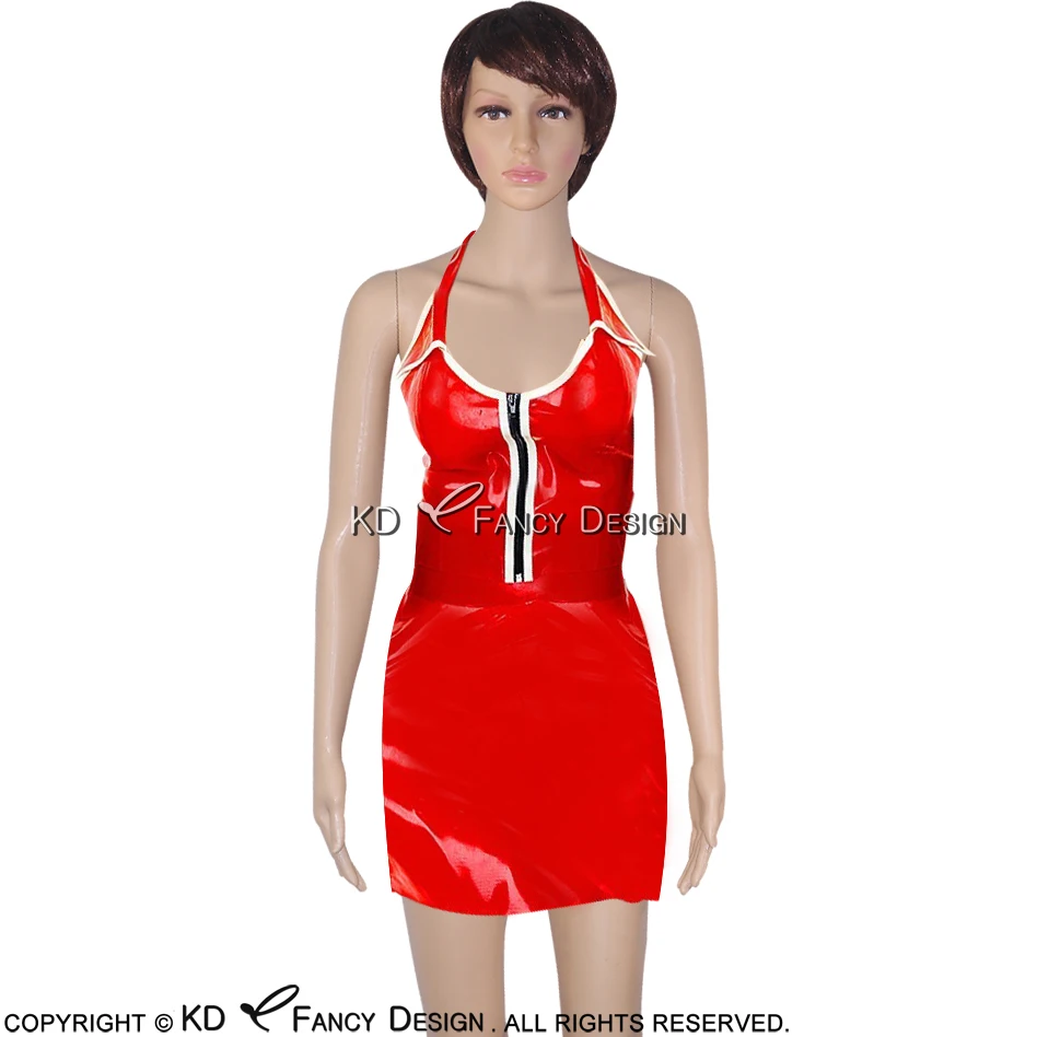 

Red And White Trims Sexy Halter Latex Dresses With Slit At Side Zipper Front Rubber Playsuit BodyCon Uniform LYQ-0023