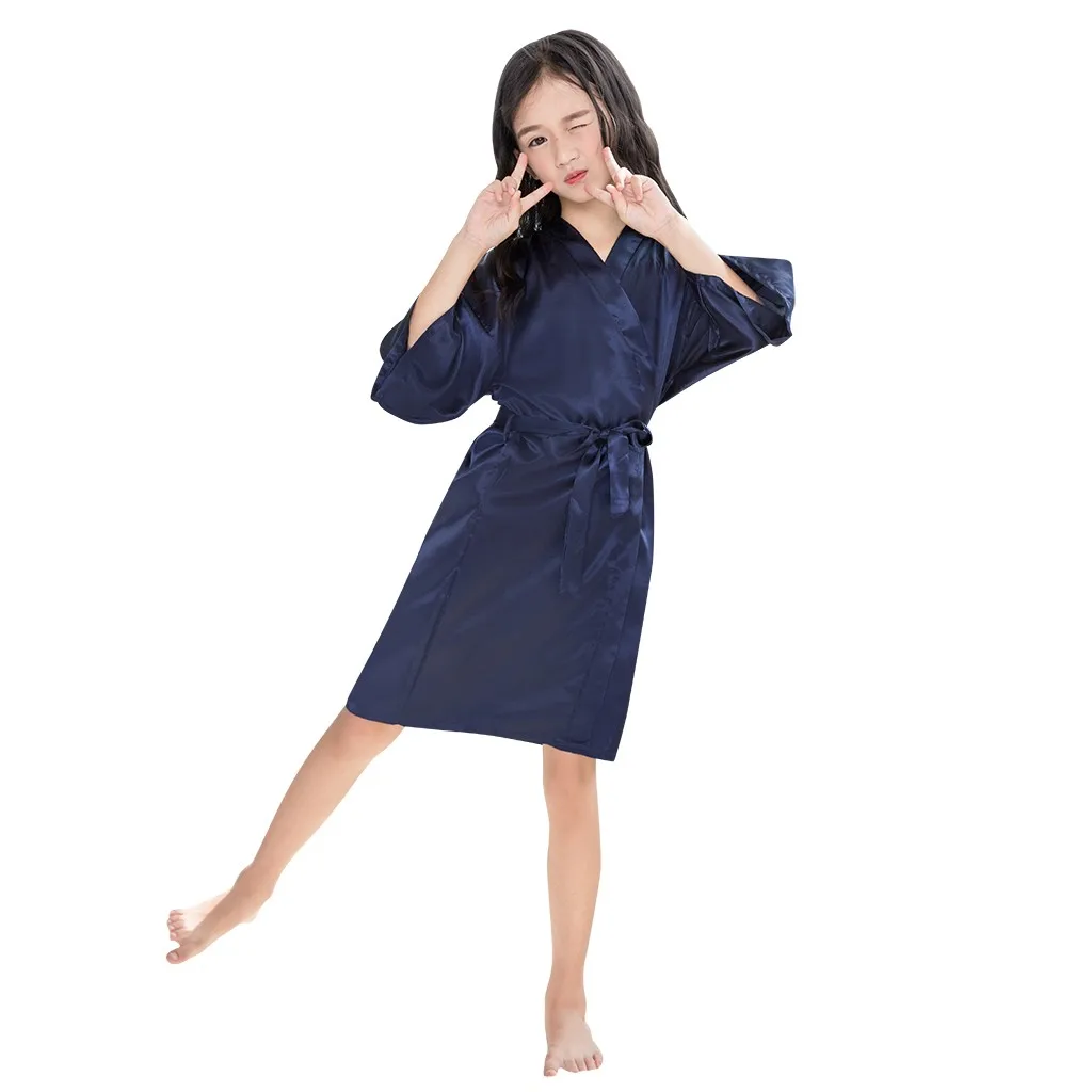 Casual Solid Infant Children Girls Summer Robes Toddler Baby Kids Girls Solid Silk Satin Kimono Robes Bathrobe Sleepwear Clothes