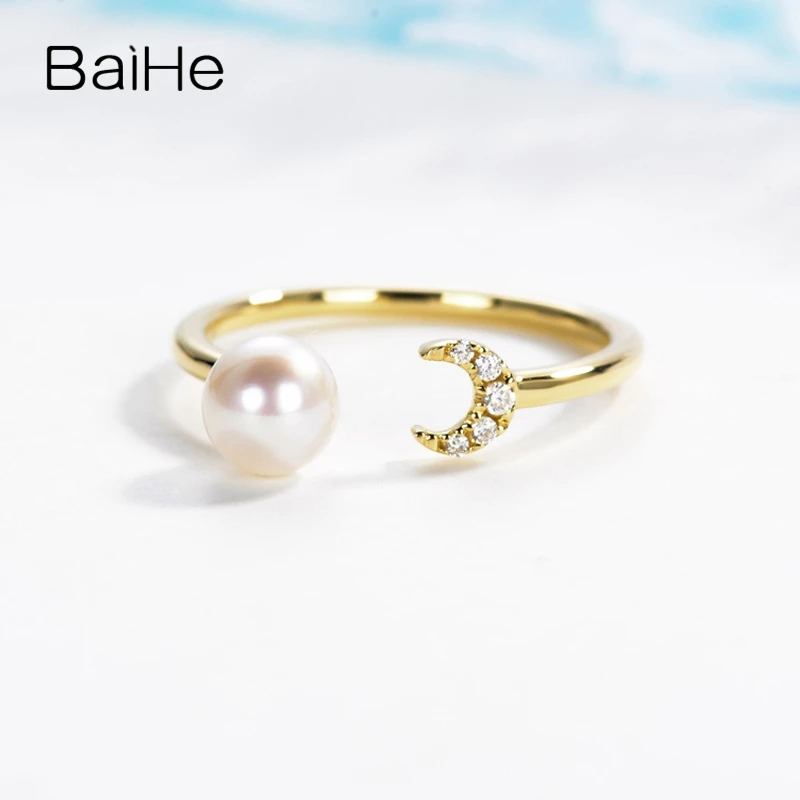 BAIHE Solid 14K желтое золото 5 мм безупречный пресноводный жемчуг для помолвки женские