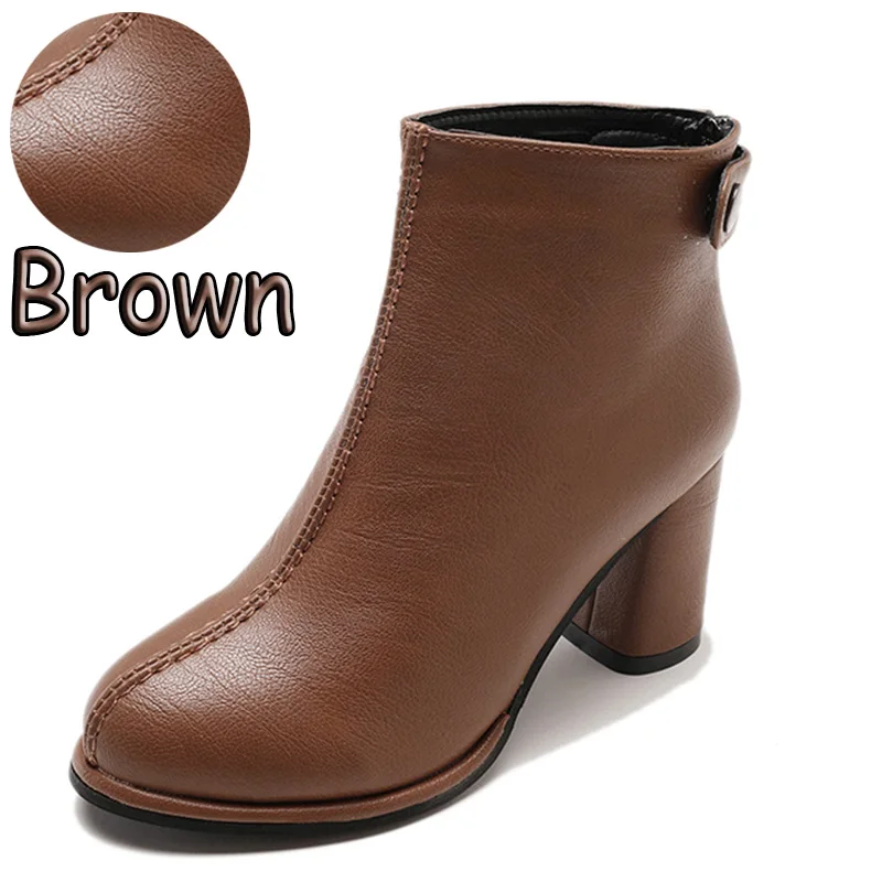 Brown Long plush APHIXTA/ботильоны для женщин; ботильоны из мягкой кожи; женская зимняя обувь; женские ботинки на высоком квадратном каблуке; обувь с пуговицами и молнией - Цвет: Brown Long plush