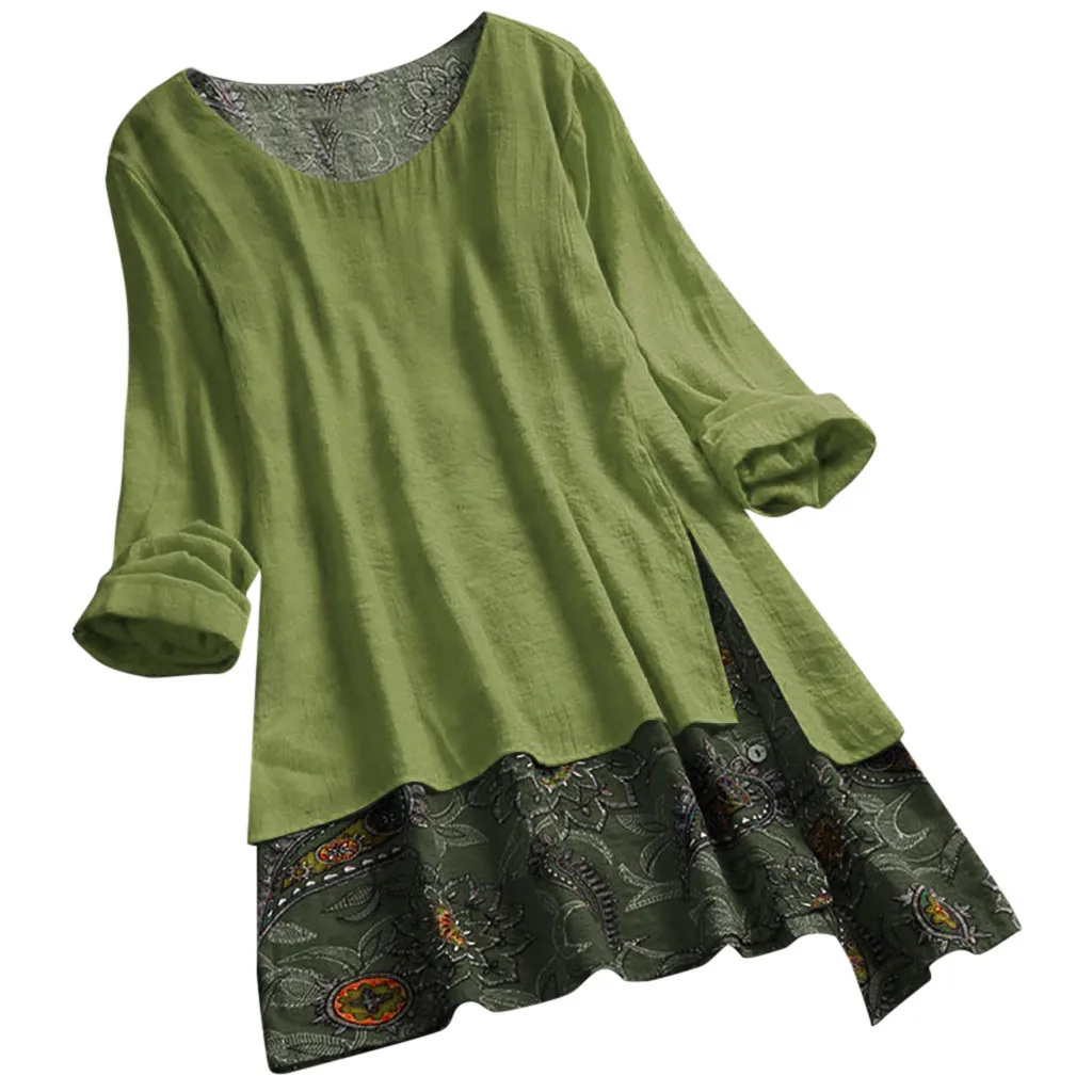 Army Green Женские блузки Feitong, Ретро стиль, пэчворк, длинный рукав, круглый вырез, неровный подол, принт, плюс размер, топ, рубашка, повседневная, свободная, женские блузки - Цвет: Army Green