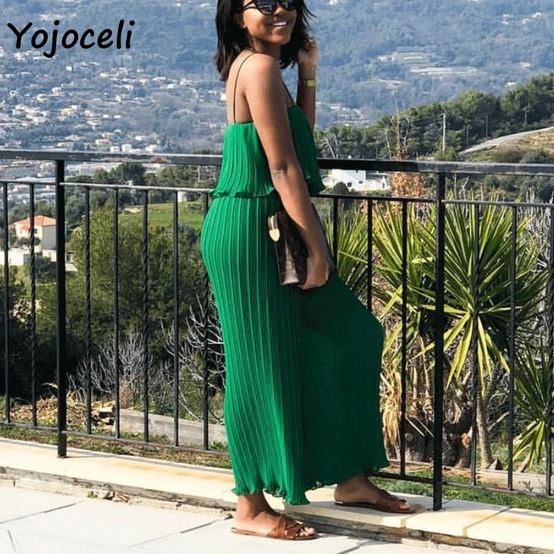 Yojoceli 2019 summer green pleated jumpsuit romper women streetwear wide leg strap female | Женская одежда