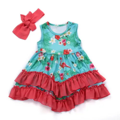 2018 New Princess Kid Girl Flamingo Floral Dress Baby Girls Sleeveless Summer Party Children Fashion Outfit Sundress | Детская одежда и