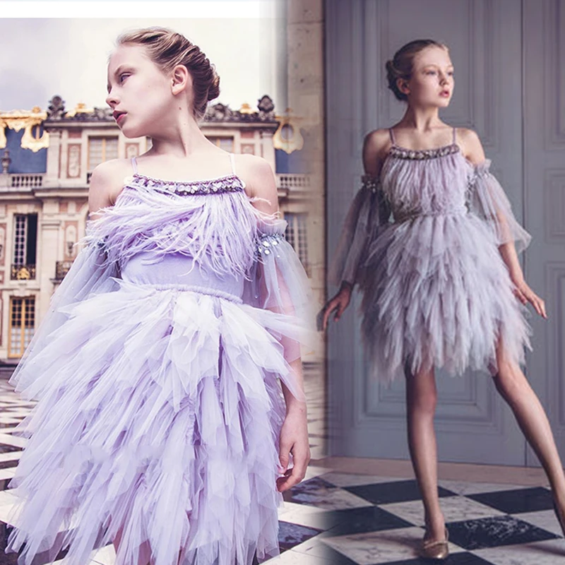 Kids Princess Dresses for Girls Children Feather Beading Sequined Gowns Toddler Birthday Party Frocks Boutique Baby Tutu | Детская