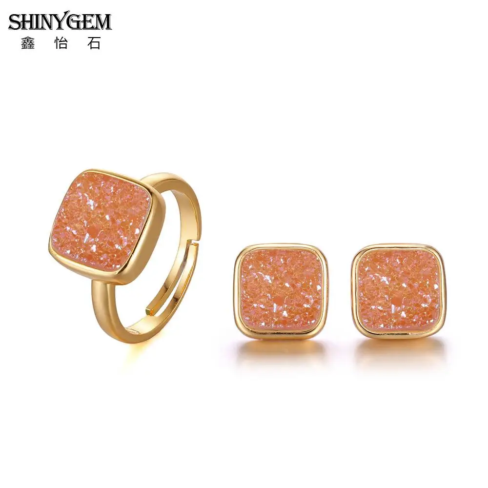 Серьги гвоздики с натуральным кристаллом ShinyGem Square регулируемые кольца