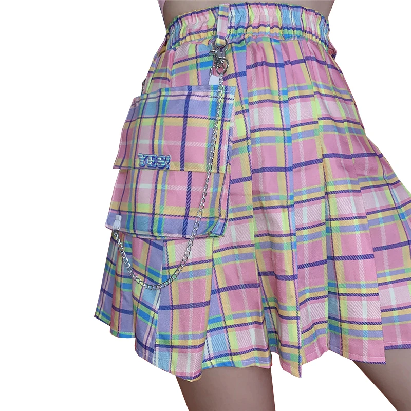 

New Sexy Mini Gothic Women Skirt Harajuku Kawaii High Waist Dance Skirts Wild Pink Sweet Plaid Pleated Skirt Female + Chain