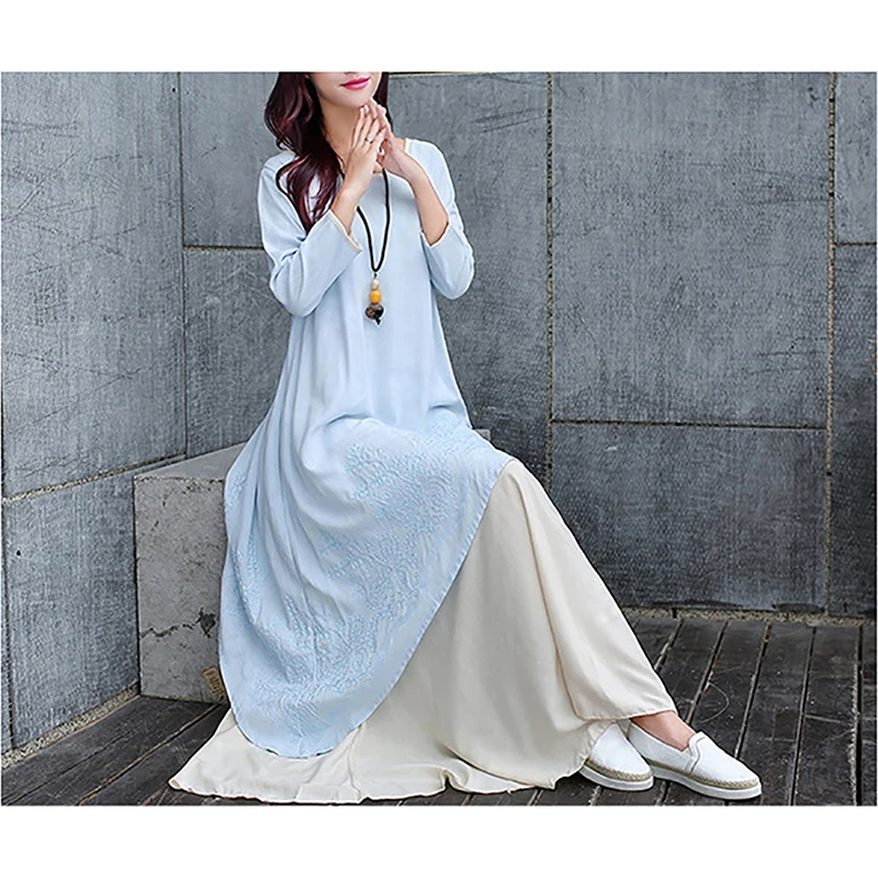 Loose large size female long dress Chinese style art Wrist Sleeved flax cotton and linen temperament Embroidery O-Neck dresses | Женская