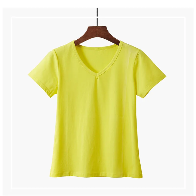 Для женщин летние футболки Офисные женские туфли с v-образным вырезом футболка