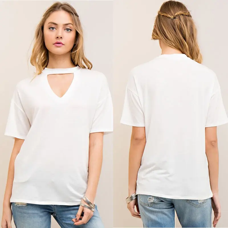 Женская свободная футболка с V образным вырезом однотонная хлопковая