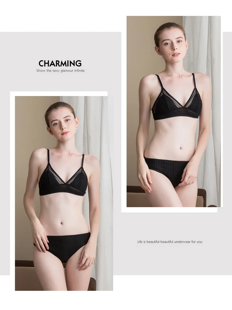 New Silk Bra Underwear Suit, French Lace Steel Ring Underwear Thin Sexy Traceless Silk Triangle Cup Bra Underwear