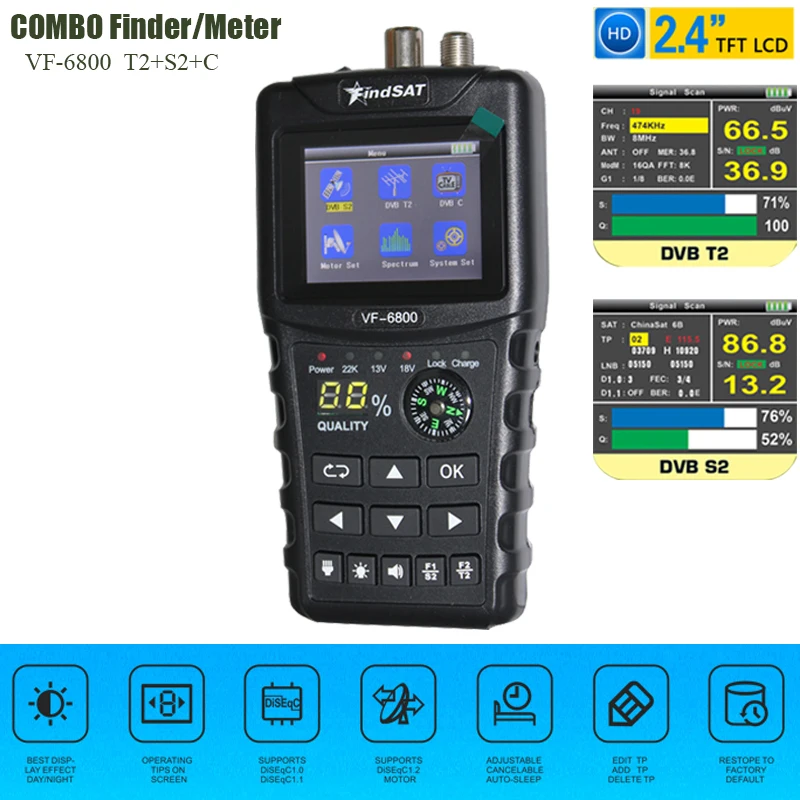 VF-6800 спутниковый Finder метр Поддержка DVB-T2/DVB S2/DVB C Combo поисковик спутников, счетчик для спутниковых ТВ приемник dvb t2 тюнер