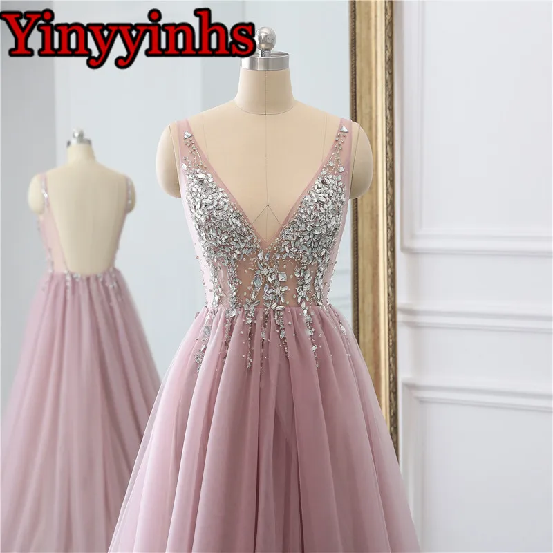 

Sexy Slit Beaded Tulle V Neck Long Evening Dresses 2020 Sleeveless Backless Voile Marriage Floor Length Prom Foraml Party Gowns