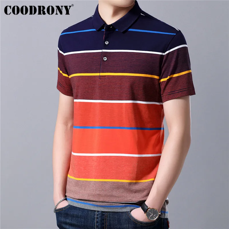 Кораллово-Красный COODRONY, хлопковая Мужская футболка, весна-лето, короткий рукав, футболка для мужчин, уличная мода, повседневная футболка с отложным воротником, S95115 - Цвет: Кораллово-Красный