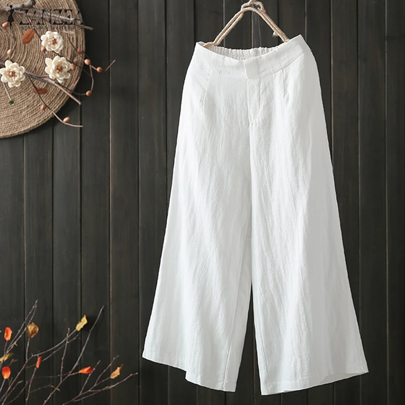 

Trousers ZANZEA Oversized Women Wide Leg Pants Elastic High Waist Pants Solid Baggy Pockets Elegant Long Trouser Pantalon Femme