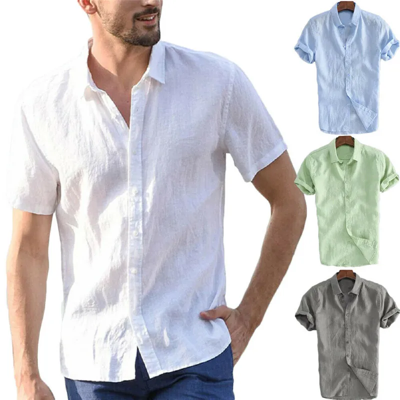 

Summer Men Casual Shirt Tops Men's Baggy Solid Color Short Sleeve Retro Shirts Tops Blouse Turn Down Collar Office Blouse Top