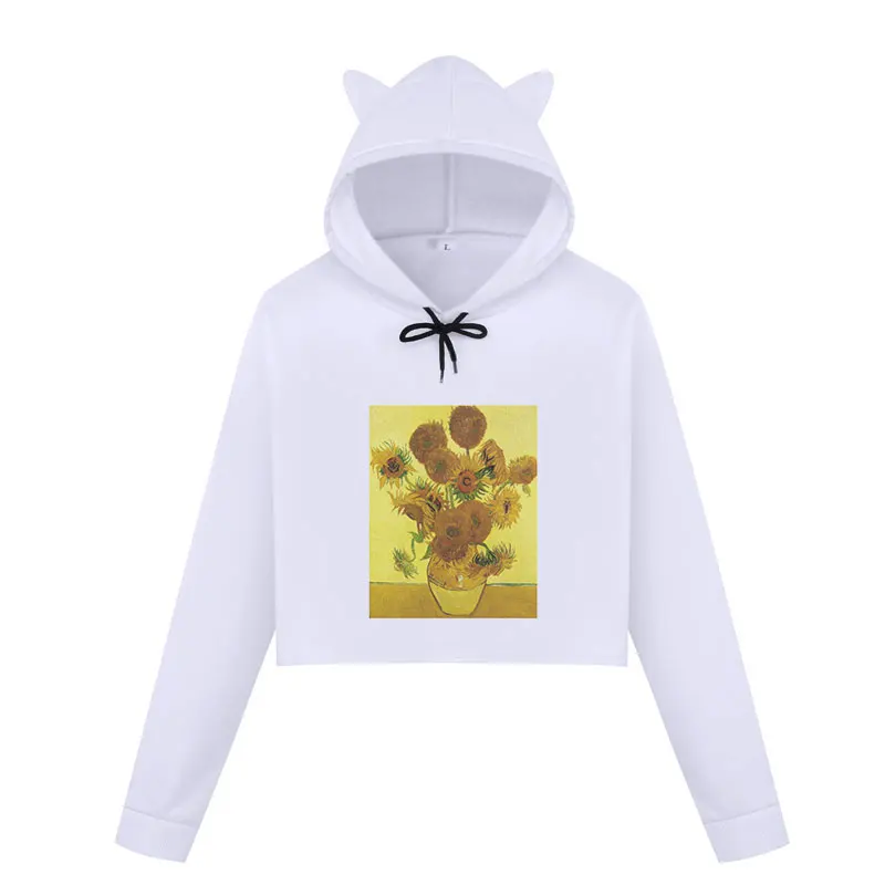 

Cute White Women Hoodies Cat Ear Sweatshirt Crop Tops Van Gogh Printed Sweatshirt Streetwear Pullovers Sudaderas Clothes