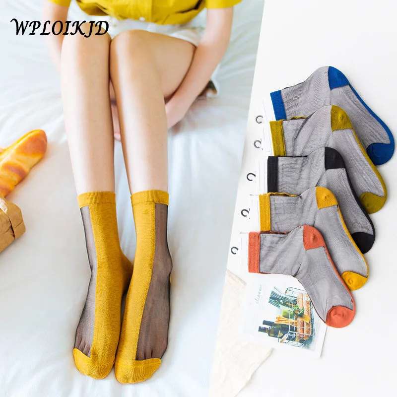 

[WPLOIKJD]Half Cotton Half Glass Silk Transparent Socks Harajuku Japanese Art Lace Socks Women Mesh Sexy Meias Calcetines Mujer