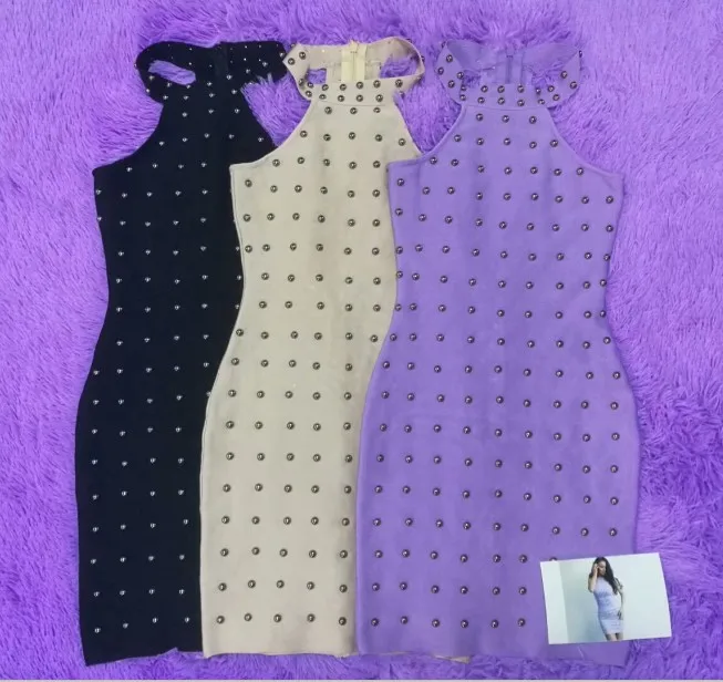 

New Fashion Sexy Khaki Black Purple Rivet Women Bandage Dress Pencil Mini Summer Dress Evening Party Club Dresses Vestido