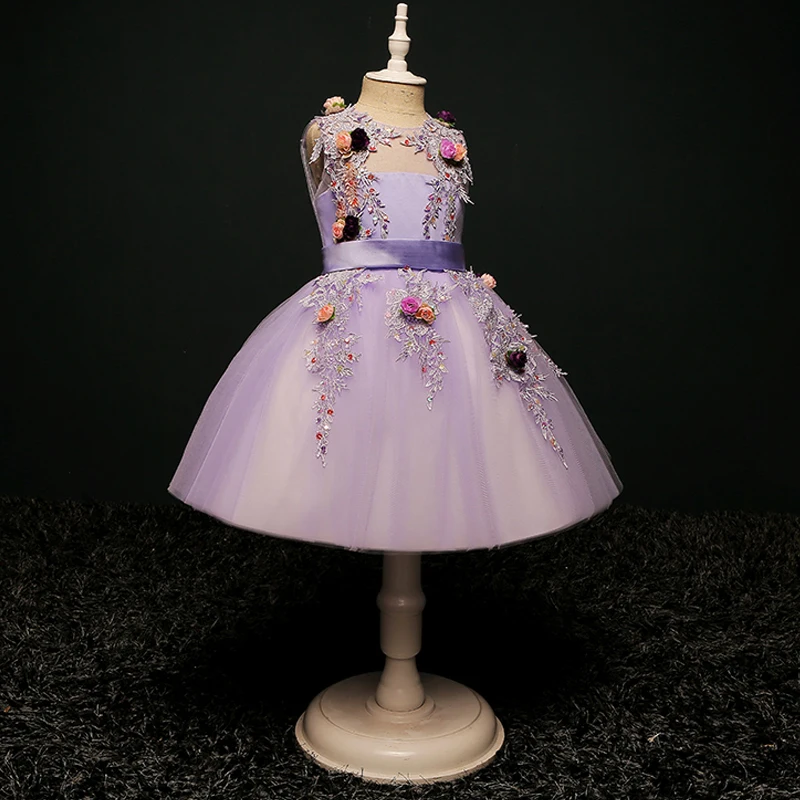 

Lovely Princess Girls Dress Ball Gown Evening Dresses New Fashion Floral Clothing Kids Girl's Appliques Purple Gown Dress JF257