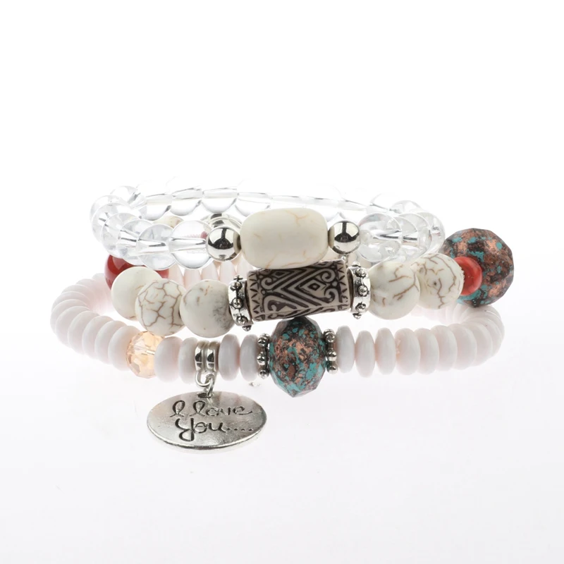 HXB038-3 OIQUEI Fashion Jewelry 3PCS/Set Bohemian Vintage Womens Bracelets Multilayer Natural Stone Beads Charm Bracelets For Women - Окраска металла: HXB038-3
