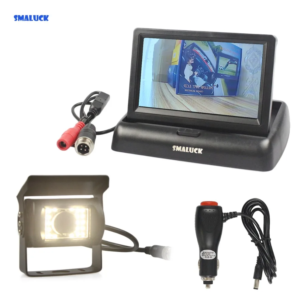 SMALUCK DC12V-24V, 4,3 дюймов, автомобильный монитор заднего вида, водонепроницаемый, ПЗС, светодиодный, ночное видение, для автобуса, грузовика, камера, бесплатное автомобильное зарядное устройство