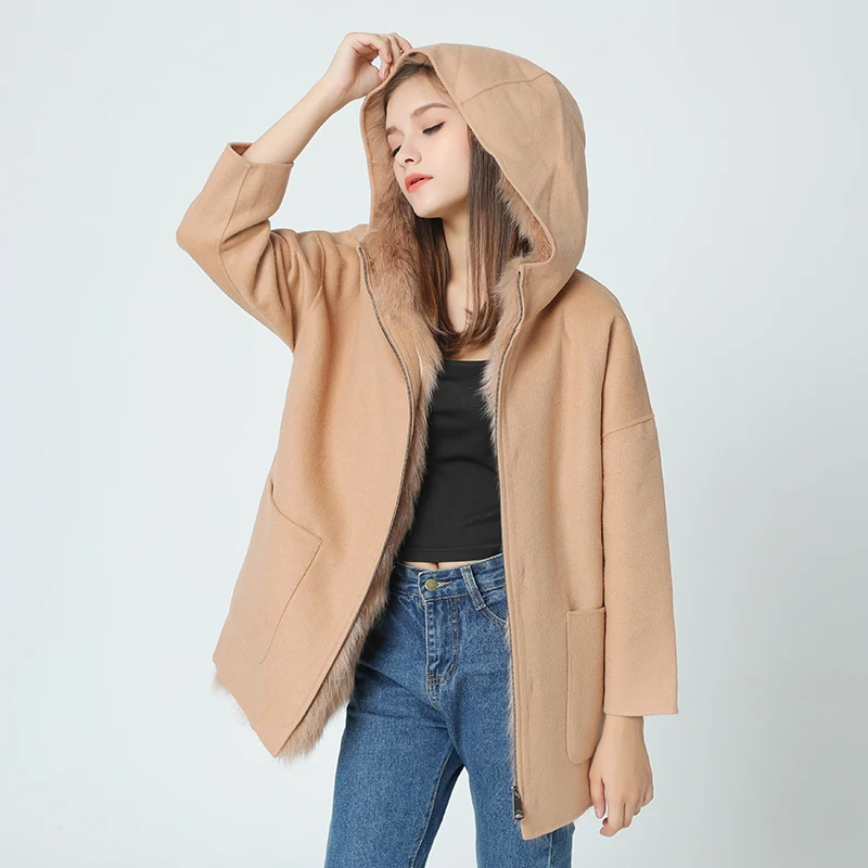 OFTBUY Новая модная зимняя куртка, пальто для женщин, натуральный Лисий мех, на подкладке, с капюшоном, свободная шерстяная куртка, верхняя одежда, парка