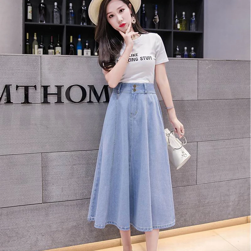 2018 Высокая Талия кнопка карман длинные плиссированные Джинсовые юбки Для женщин