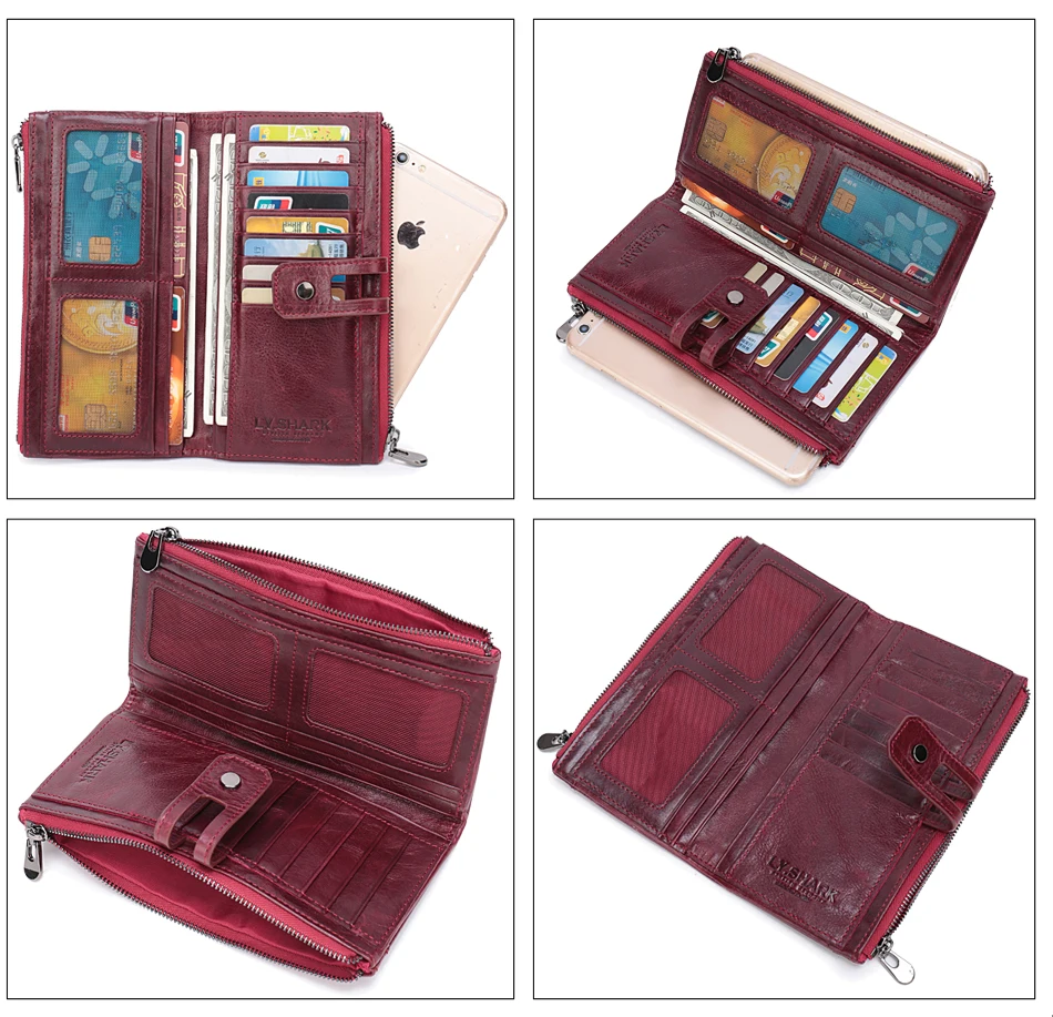 LY.SHARK Genuine Leather Wallet Women Coin Purse Lady Wallet Female Credit Card Holder Clutch Bag Money Long Wallet Phone Green