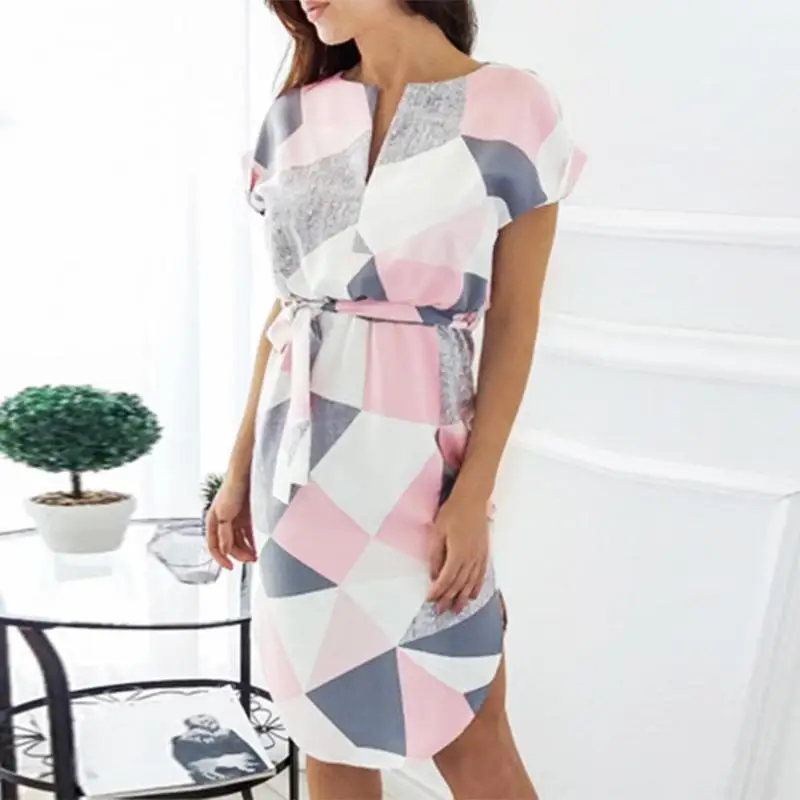 

2019 Summer Chiffon Dress Women Geometric Print V-Neck Sexy Loose Lace Up Dress Floral Print Mini Dress women Irregular Fashio