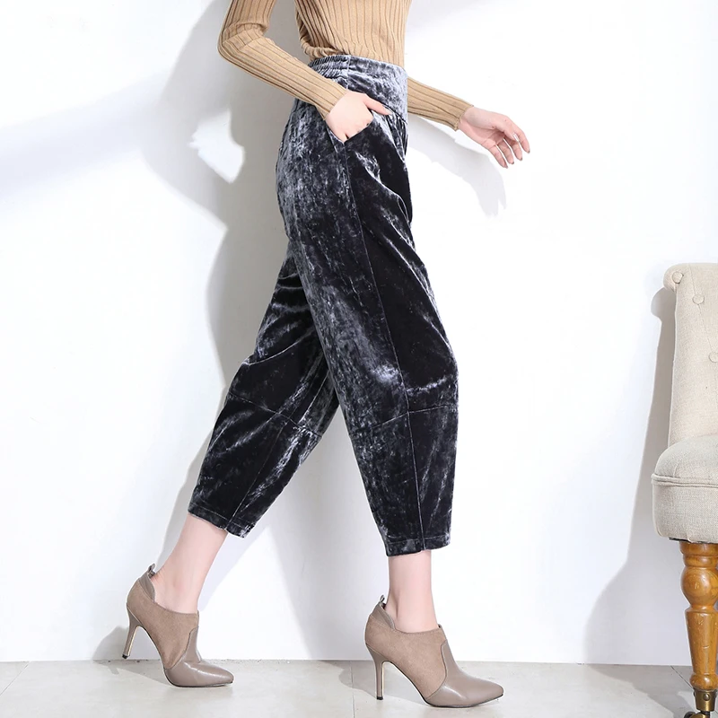 

2018 Spring autumn runway leisure harem pants glare high waist loose velvet wide leg pants ladies gold velvet retro trousers