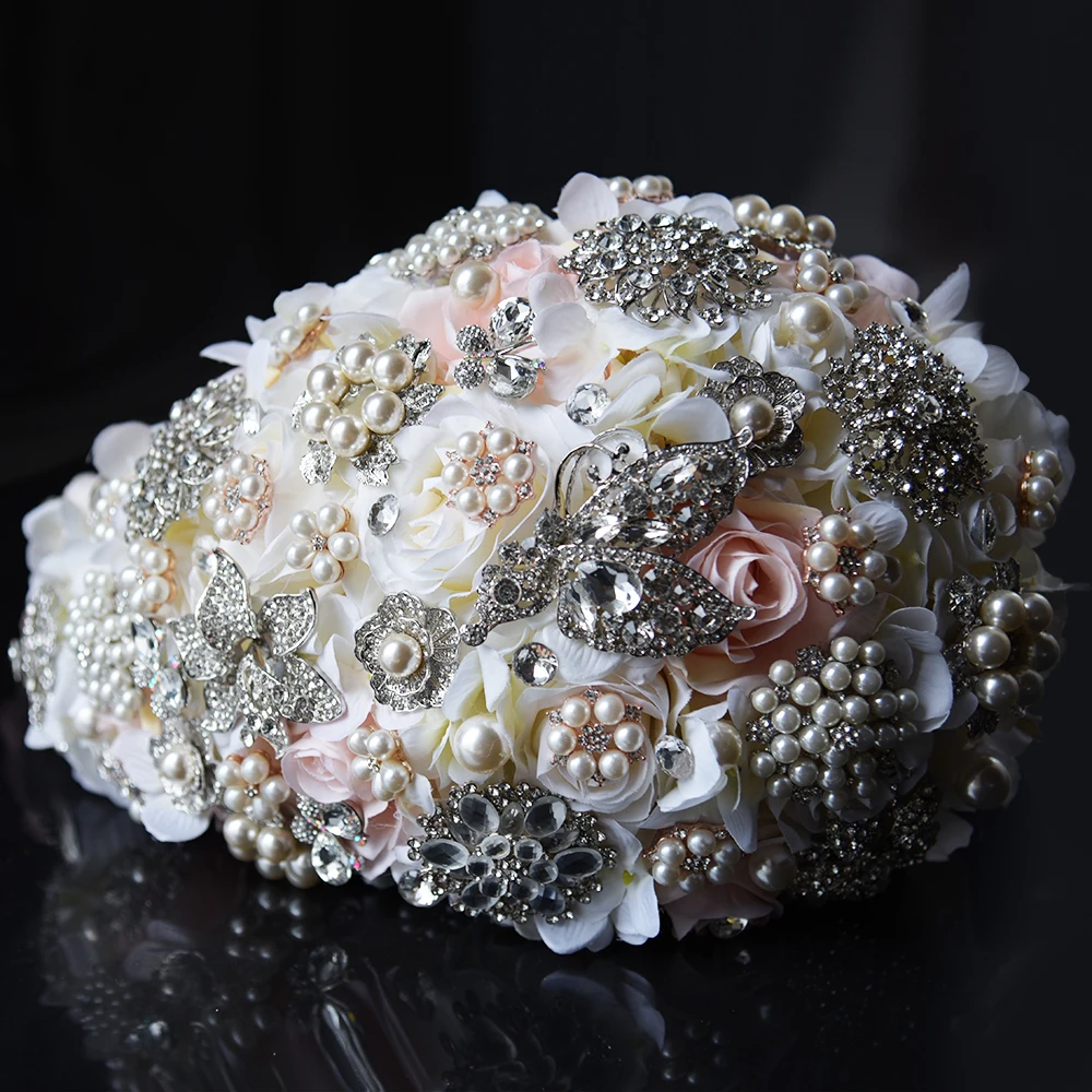 

H&S BRIDAL Ivory Pink Wedding Bouquet Waterfall Luxury Pearl Rhinestone Artificial Flower Bridesmaid Bridal Bouquet Decoration