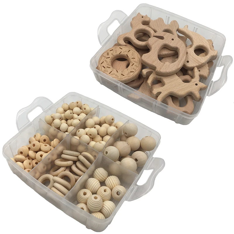 2 boxed Best Quality Wood Baby Teether Nursing Jewelry Beech wooden animal Geometry Wood Beads Creative Wooden Rings Teether