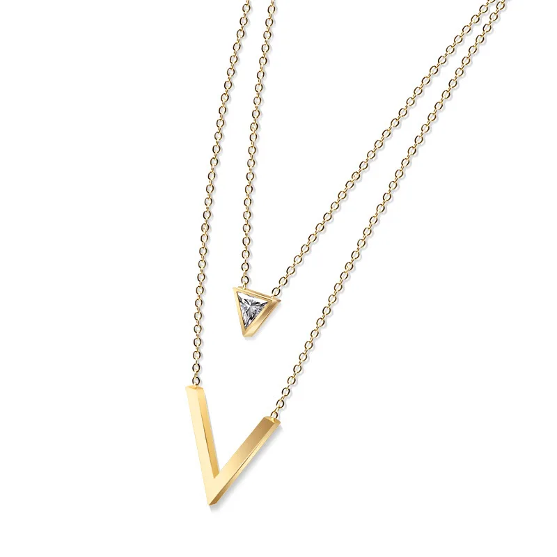 

Hot Sale Crystal Triangle Double Layers Gold Color / Rose Gold Color / Silver Color Stainless Steel Necklace